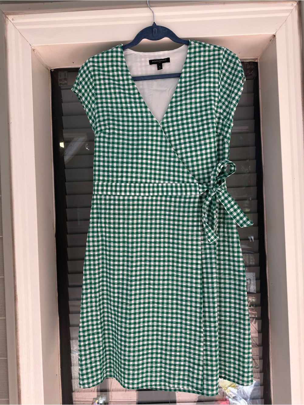 Banana Republic Linen Blend Green Gingham Wrap Midi Dress 8 - Picture 3 of 15
